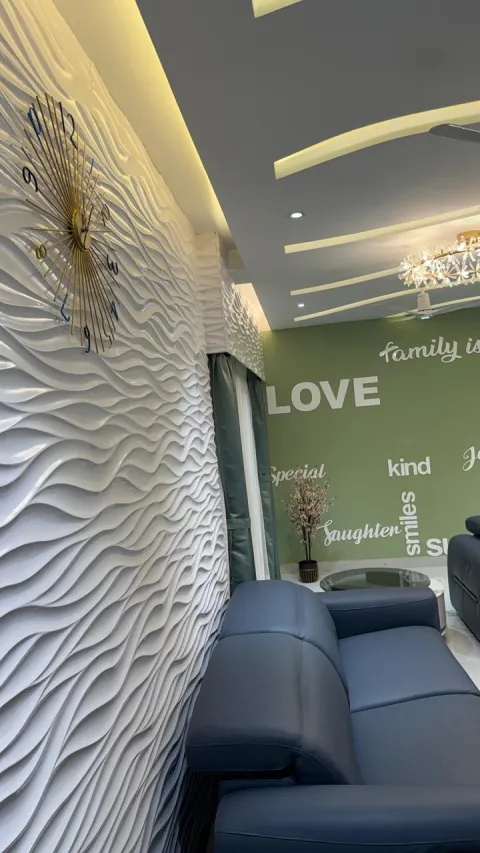 Living room with 3D wave wall panel