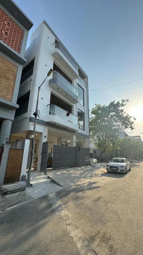 Residential building exterior in the evening